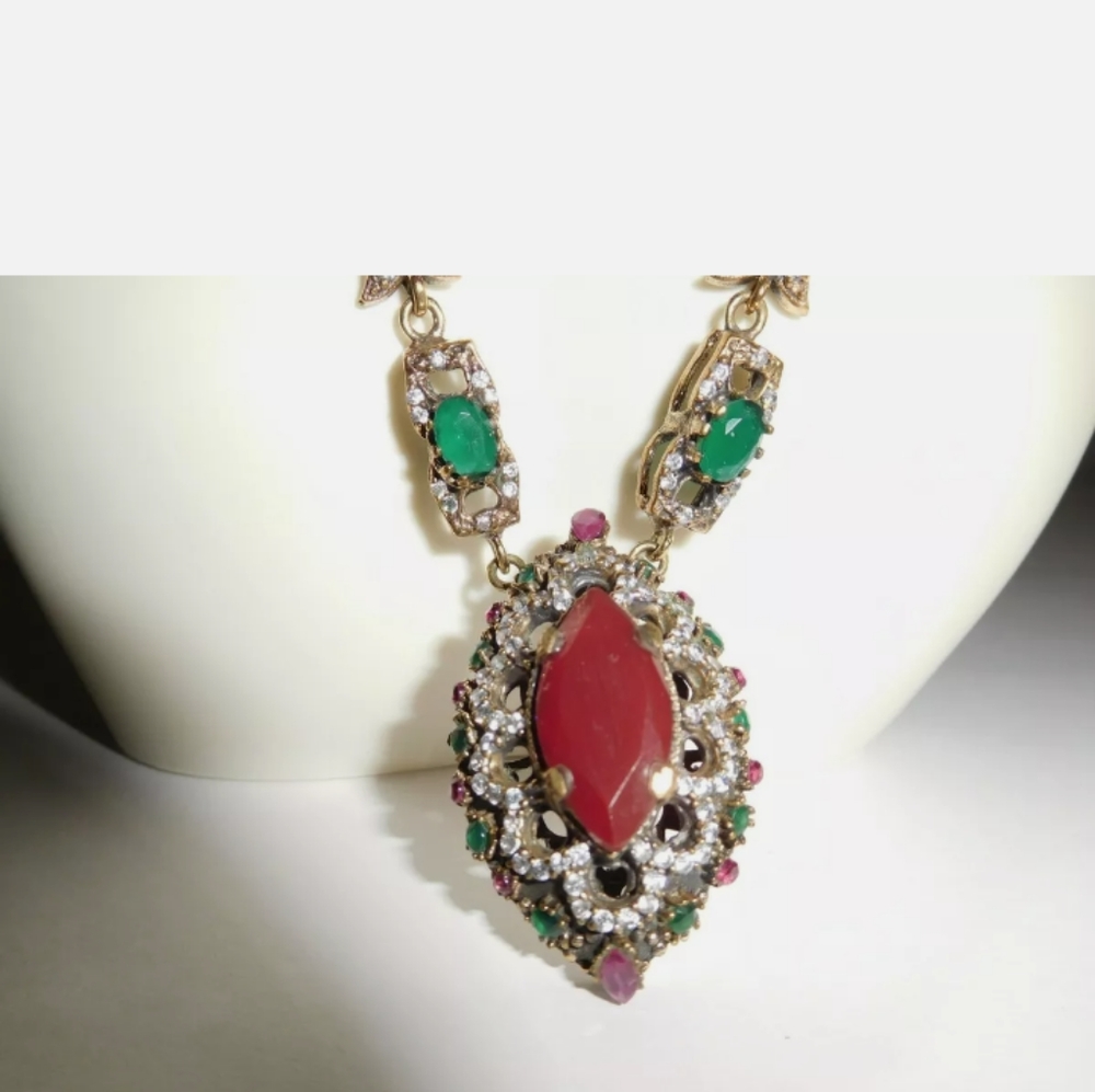Ruby/Emerald/White Topaz 925 Silver Necklace - image 2